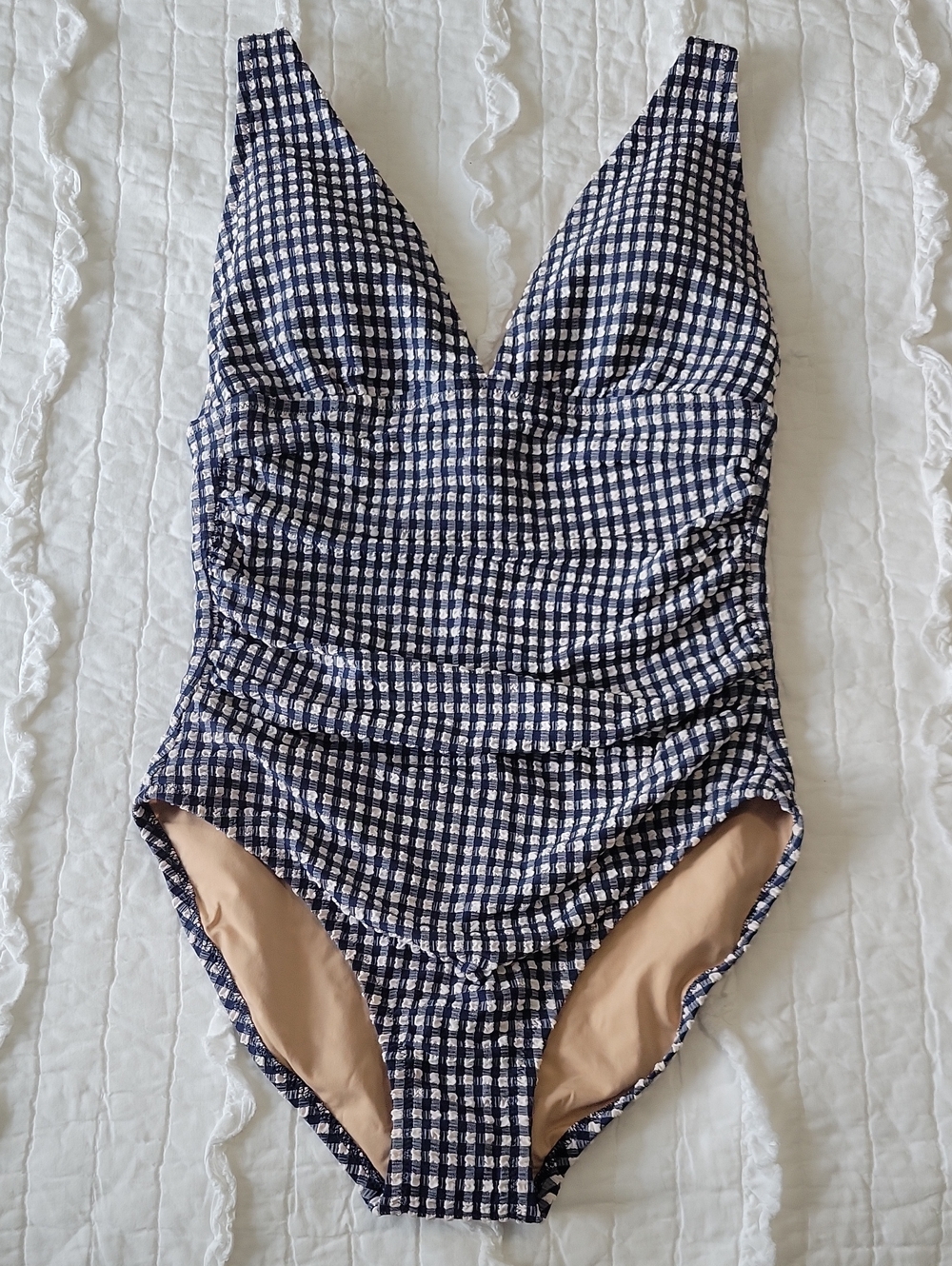 J.Crew Seersucker Swimsuit S NWT Navy & White Ruching Slimming Fully Lined